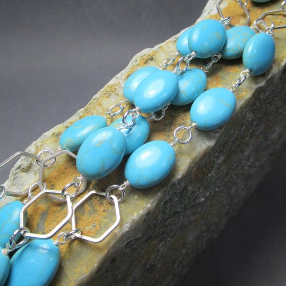 Turquoise Magnasite Necklace, Multi Strand Wrapped Wire Chain - Picture 1 of 6